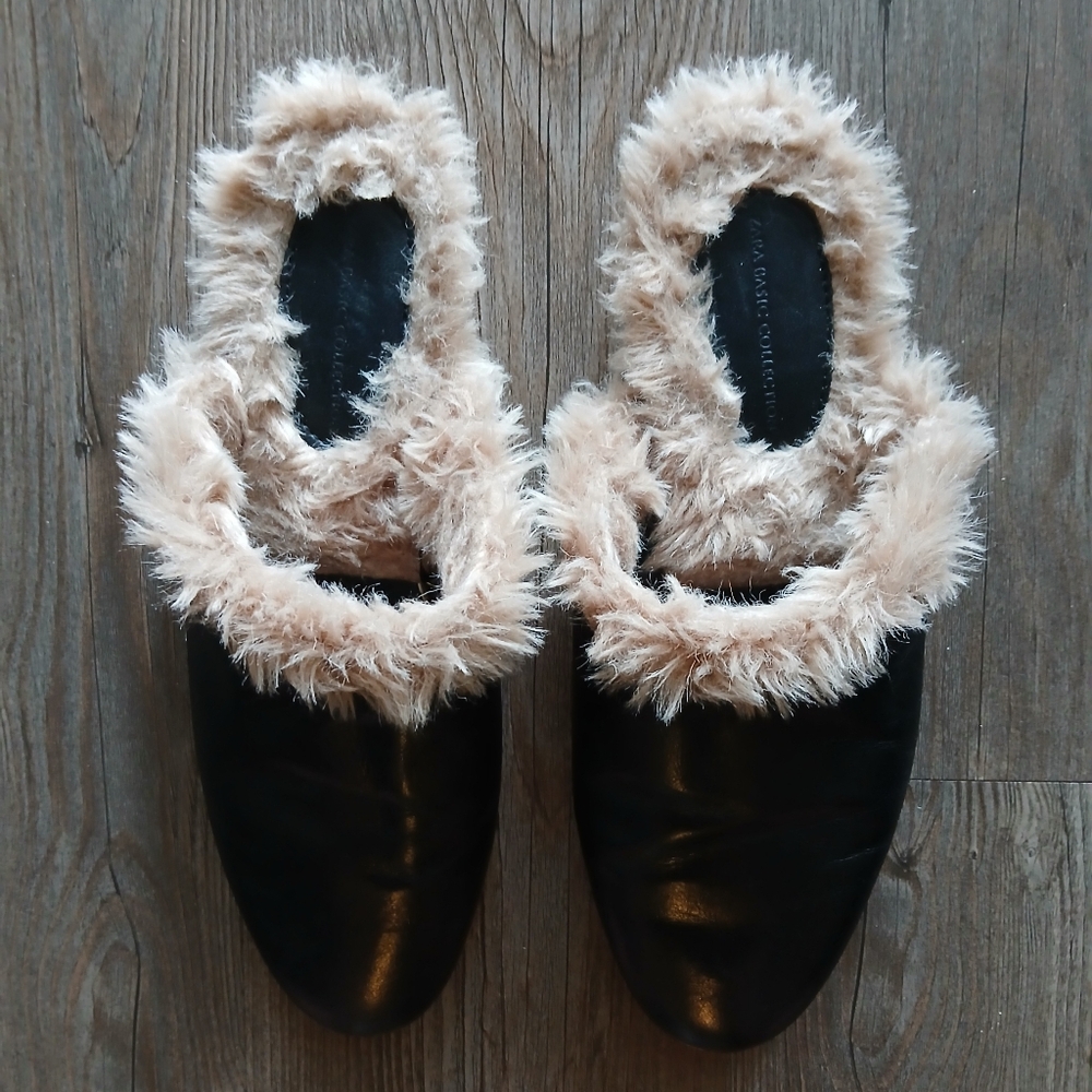 ZARA BLK/LEATHER, TAN FURRY LINING FLATS/OPEN BACK SLIDES,SIZE9U.S.